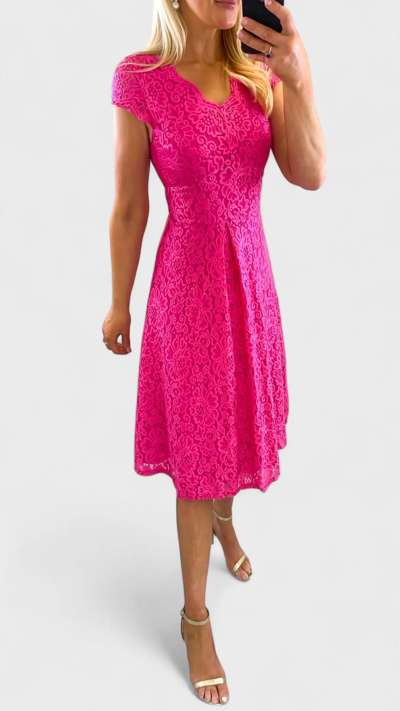 5-A1838 Pink Stacy Lace Midi Flare Dress