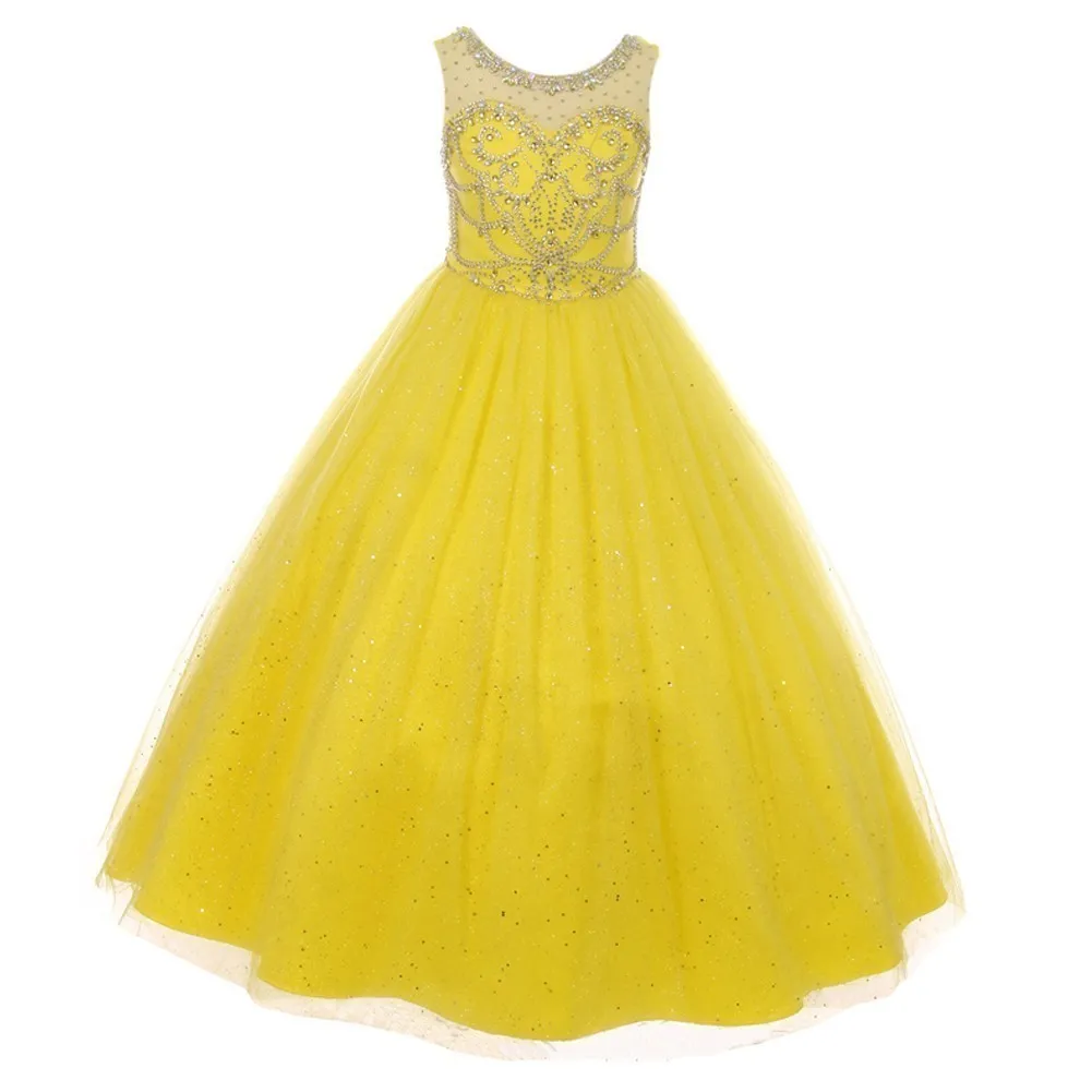 Big Girls Yellow Crystal Beading Glitter Tulle Floor Length Pageant Dress 8-16