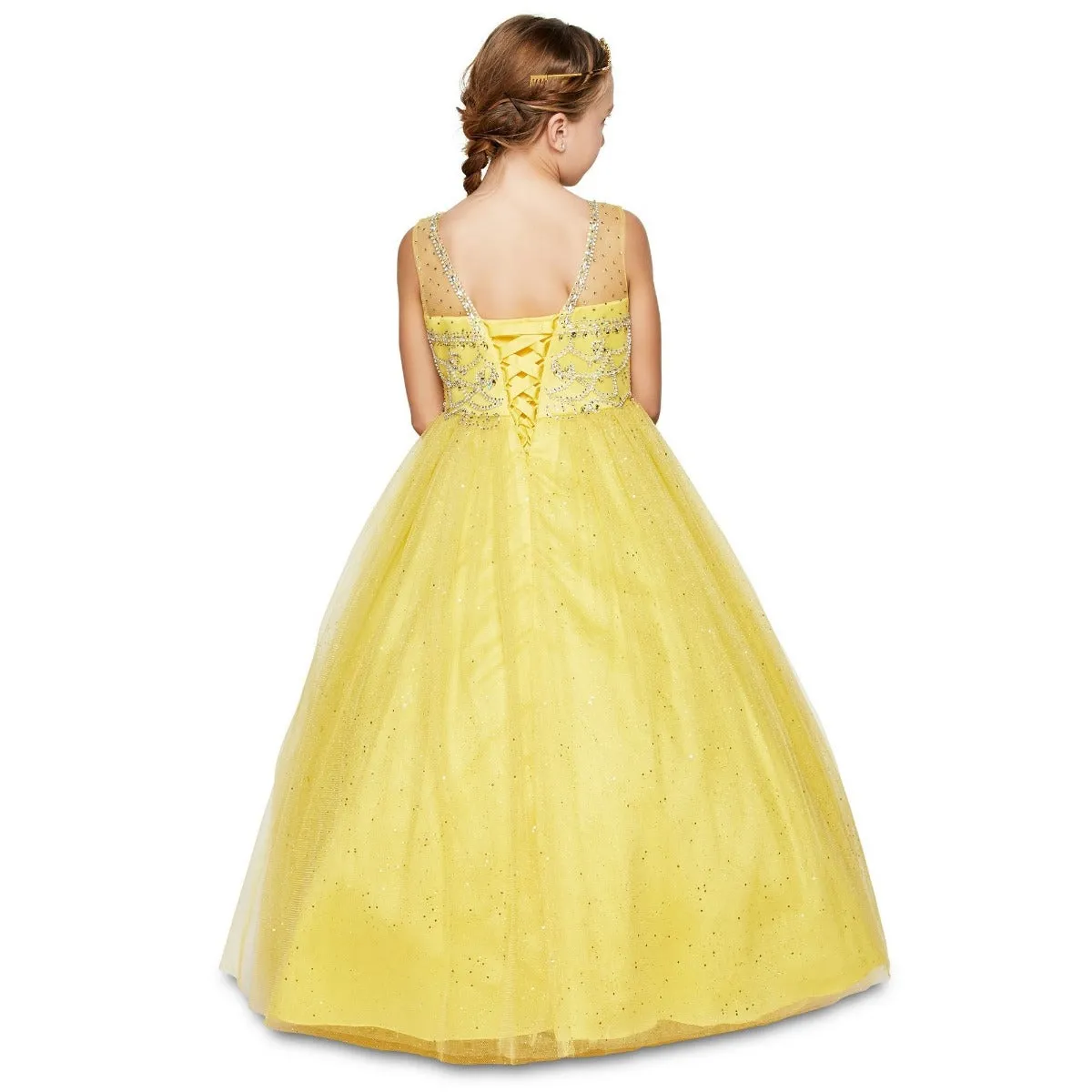 Big Girls Yellow Crystal Beading Glitter Tulle Floor Length Pageant Dress 8-16