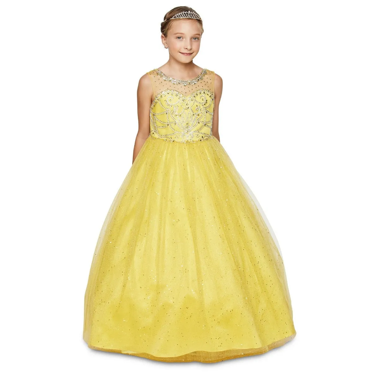 Big Girls Yellow Crystal Beading Glitter Tulle Floor Length Pageant Dress 8-16