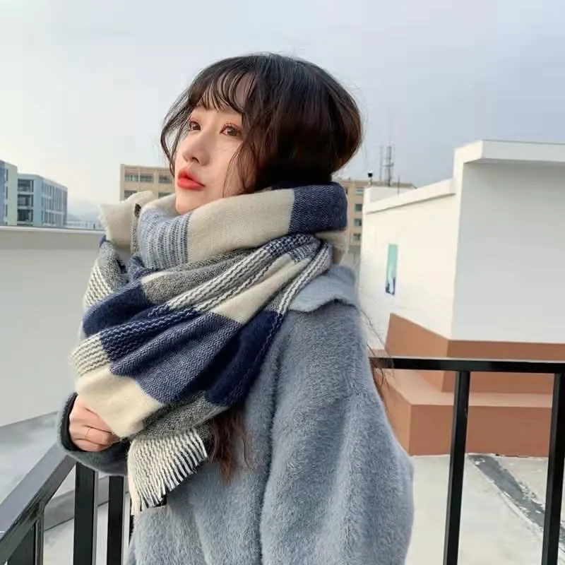 Blue Plaid Winter Scarf for Women