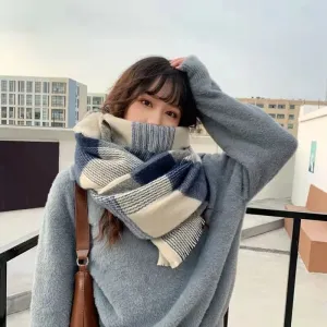 Blue Plaid Winter Scarf for Women