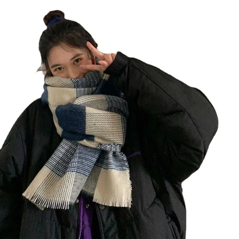 Blue Plaid Winter Scarf for Women