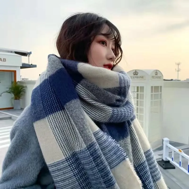 Blue Plaid Winter Scarf for Women