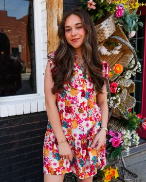 Floral Printed Split Neck Flutter Sleeve Dress