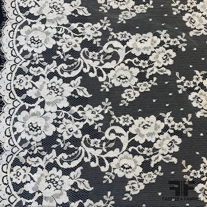 French Floral and Polka Dot Chantilly Lace with Double Border - White