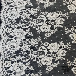 French Floral and Polka Dot Chantilly Lace with Double Border - White