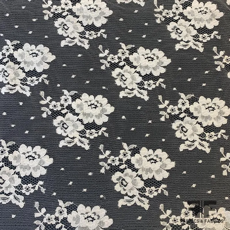 French Floral and Polka Dot Chantilly Lace with Double Border - White