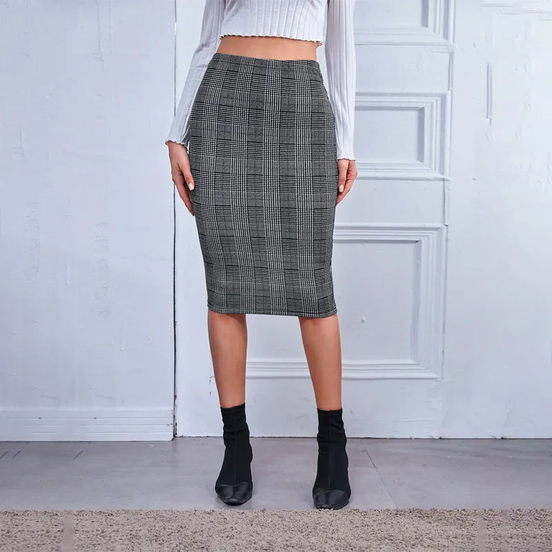 Houndstooth Plaid Pencil Skirt