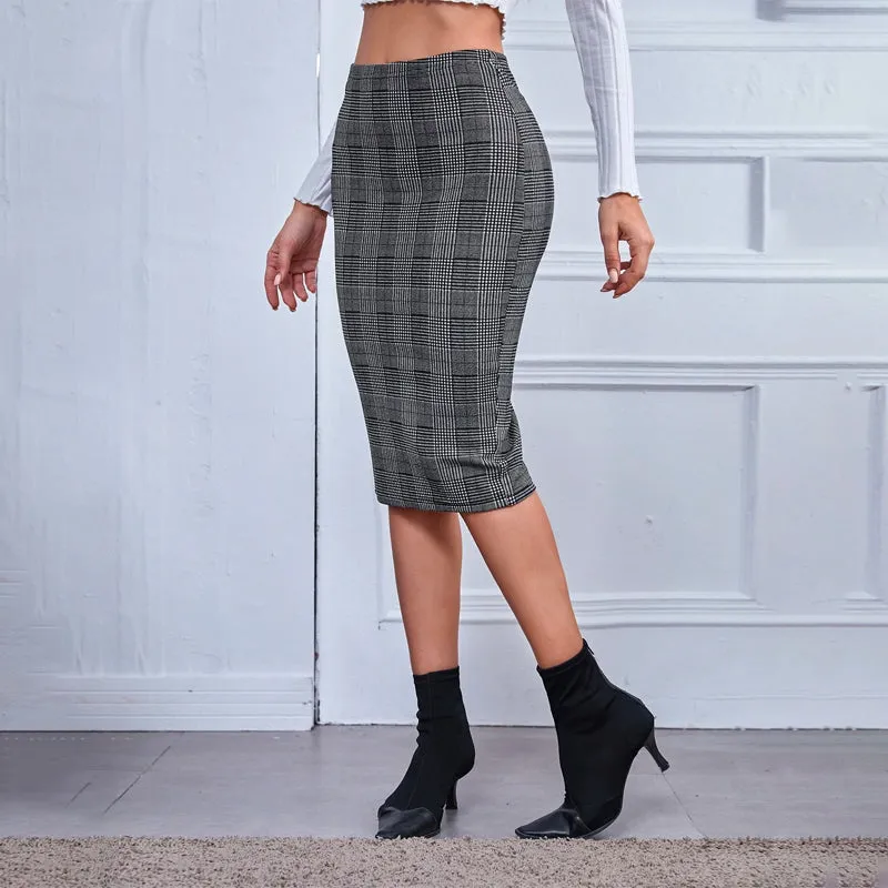 Houndstooth Plaid Pencil Skirt