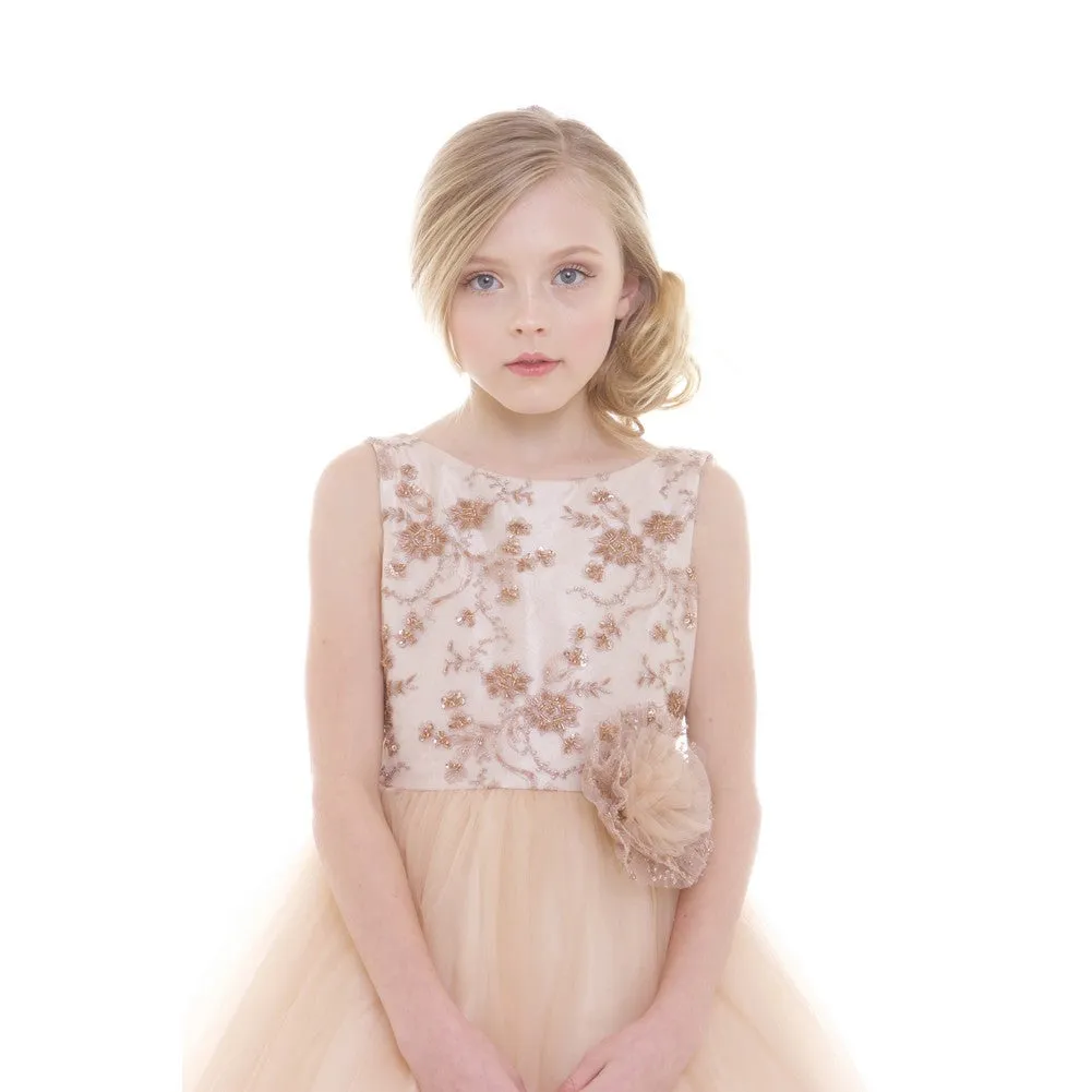 Little Girls Champagne Embroidery Luxurious Flower Girl Dress 2-6