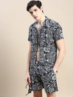 Men Black Printed Co Ords Set with Shorts