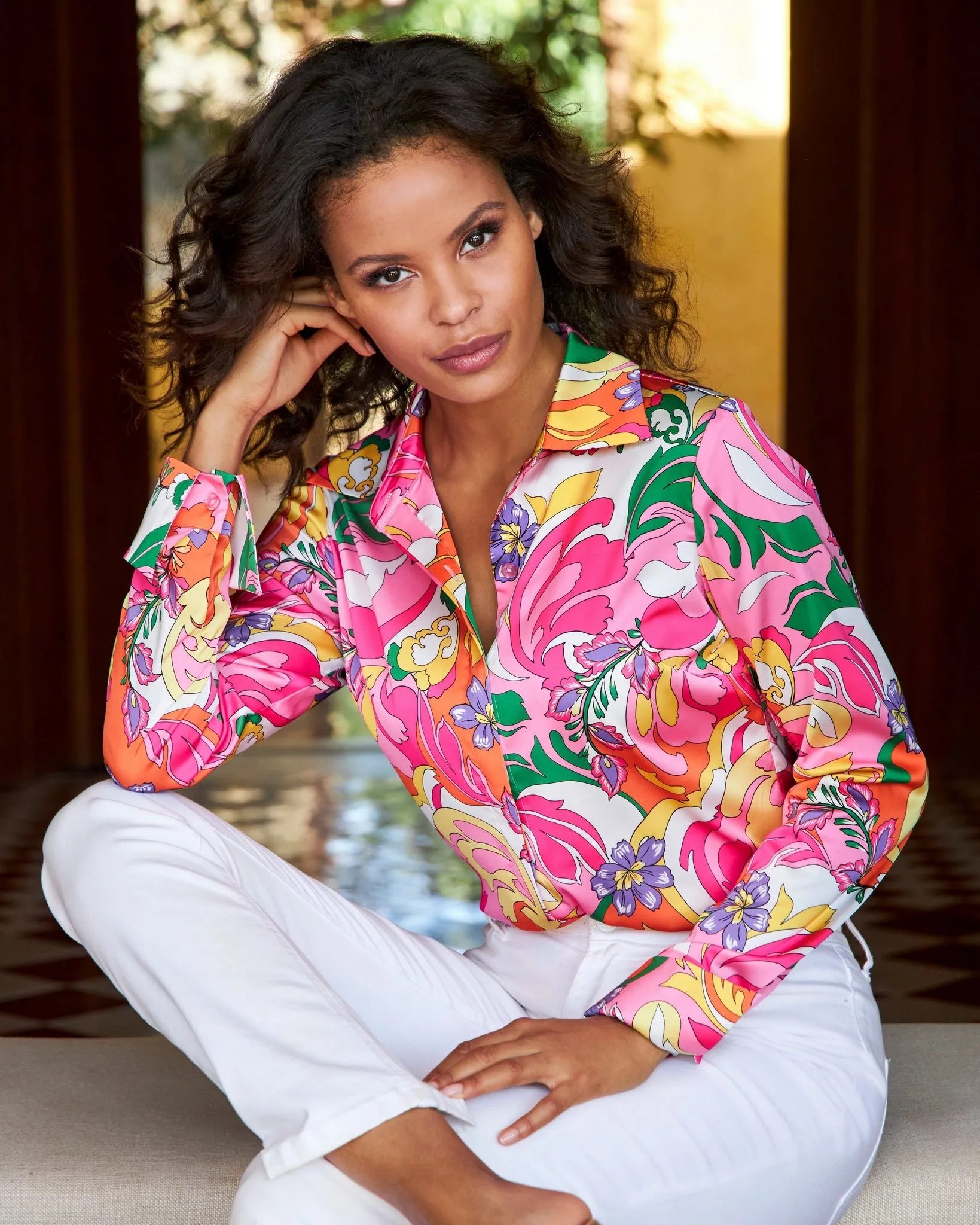 Paris Paisley Sophia Button-Up Charmeuse Blouse Multi