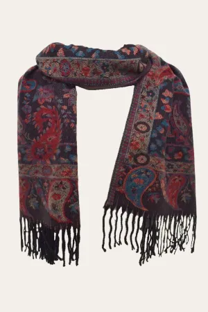 Scarf Paisley Plants Motif Black Fringed