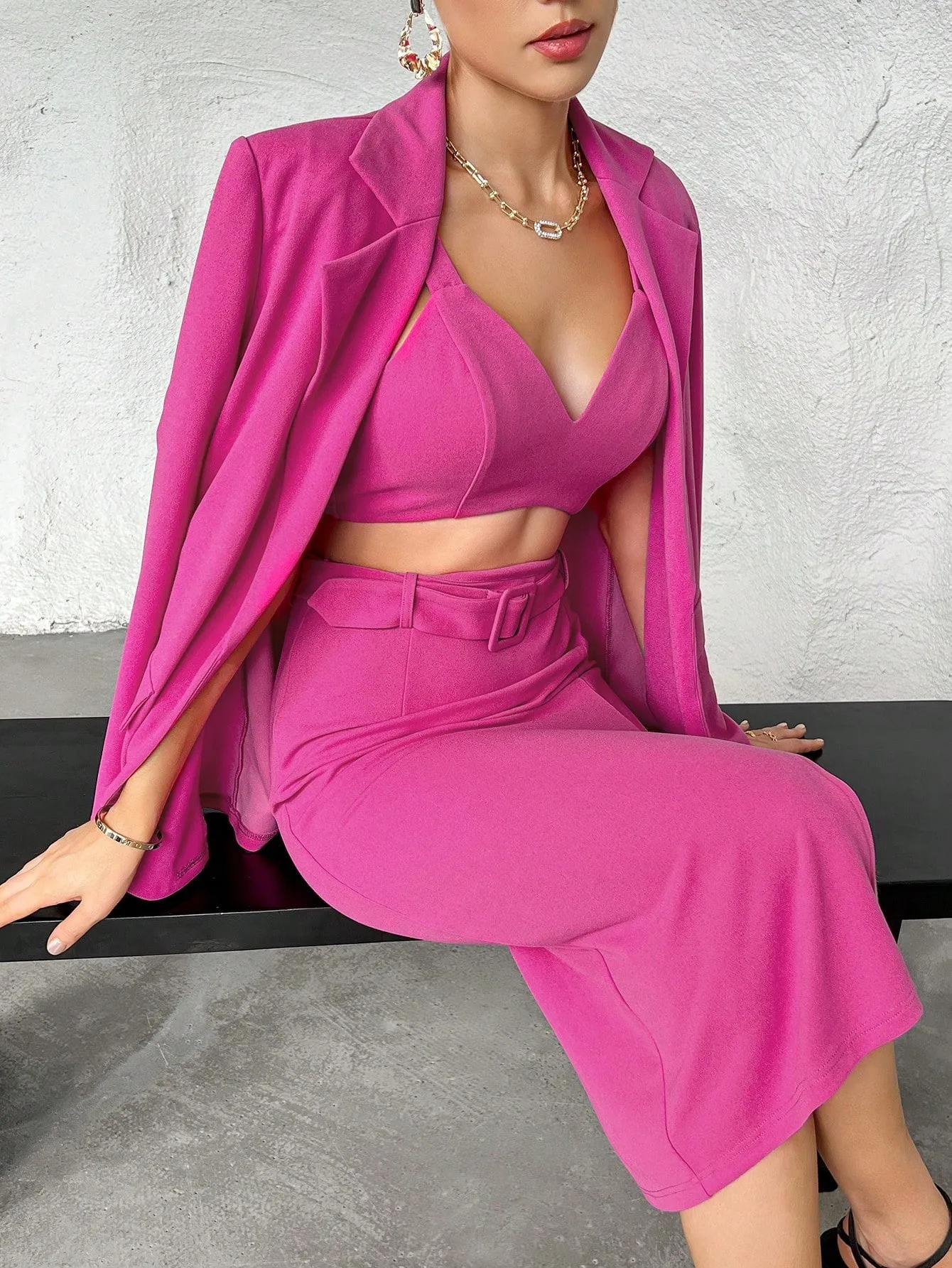 SHEIN Privé Solid Cami Top & Split Thigh Skirt & Blazer