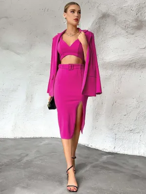 SHEIN Privé Solid Cami Top & Split Thigh Skirt & Blazer