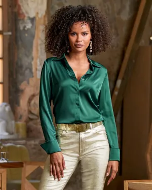 Sophia Button-Up Charmeuse Blouse Deep Emerald