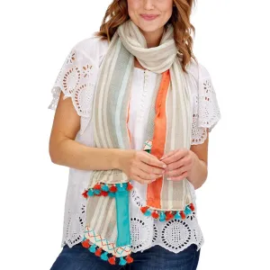 Striped Scarf/Sarong with Multicolored Tassels Assorted 3 Colorways