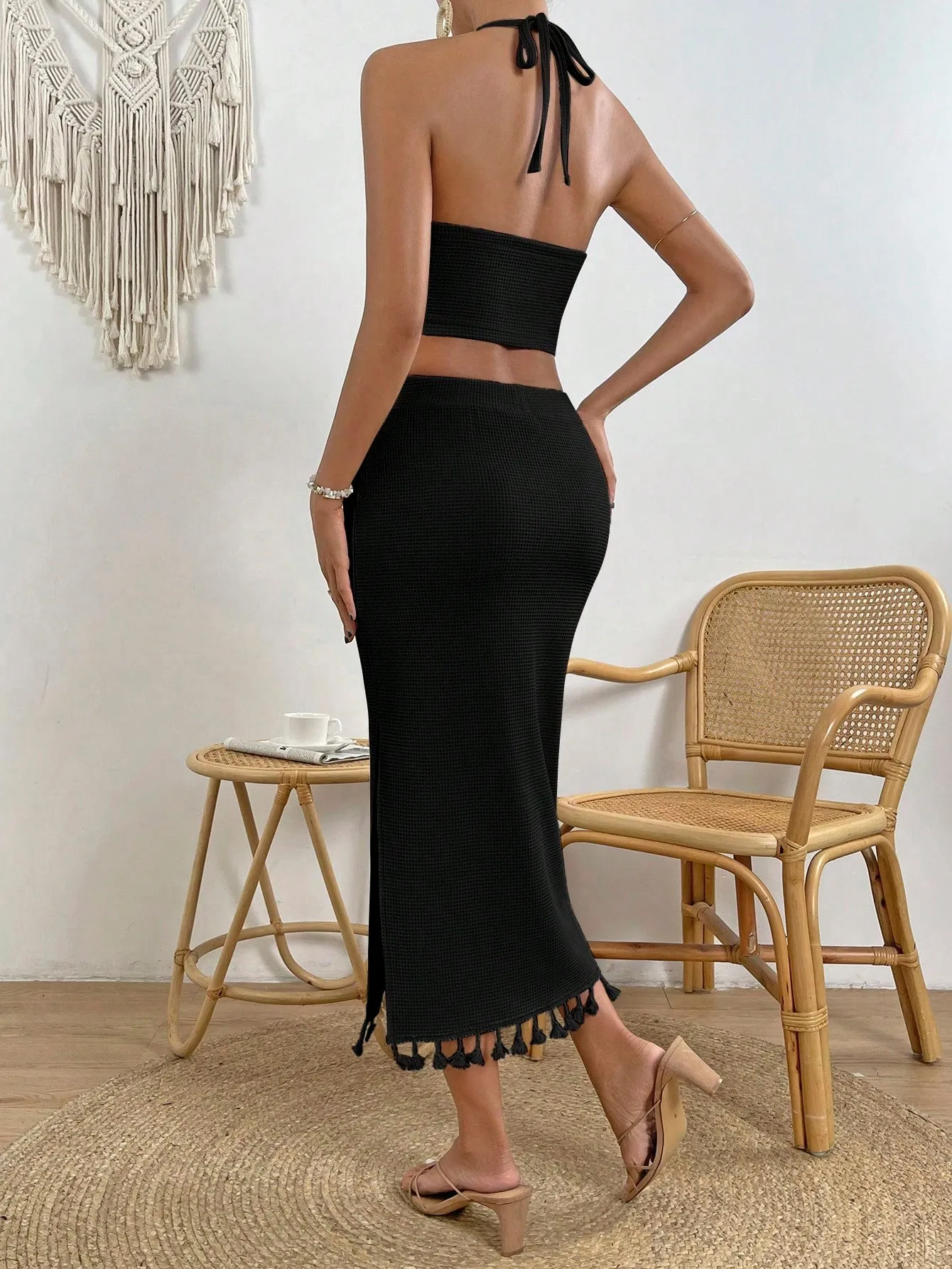 Tassel Trim Crop Halter Top & Split Thigh Skirt SS23 -FD