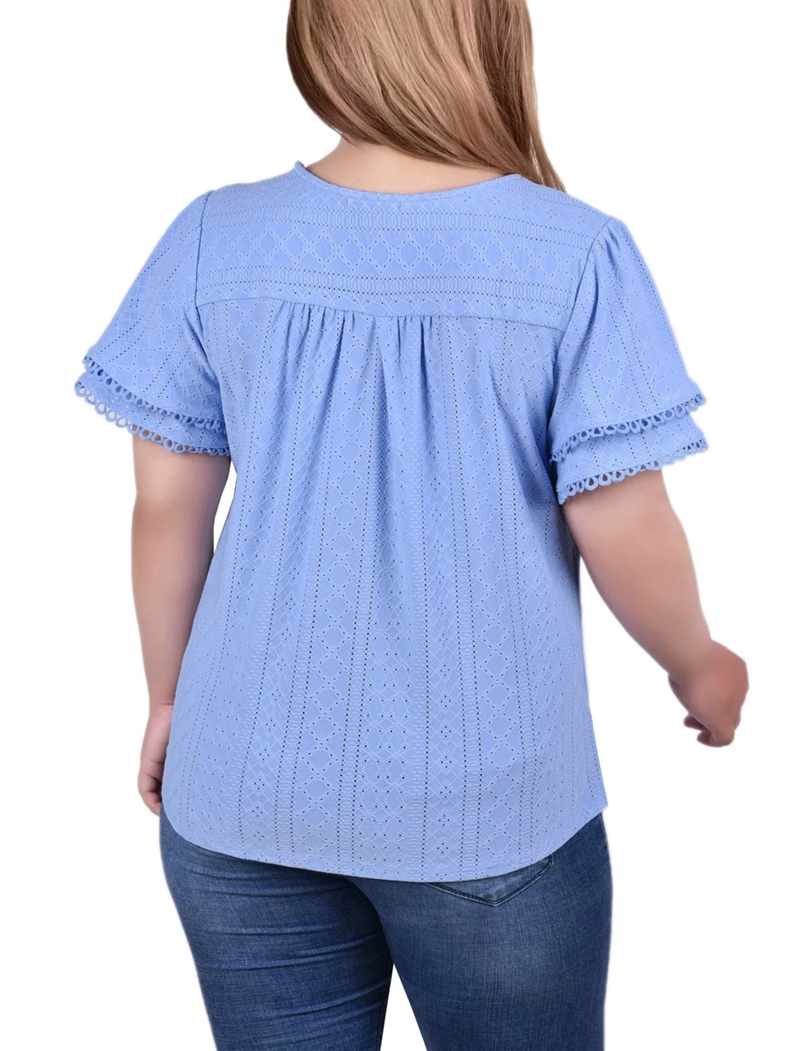Vista Blue Knit Eyelet Top With Double Sleeve - Plus