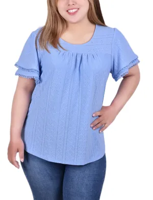 Vista Blue Knit Eyelet Top With Double Sleeve - Plus
