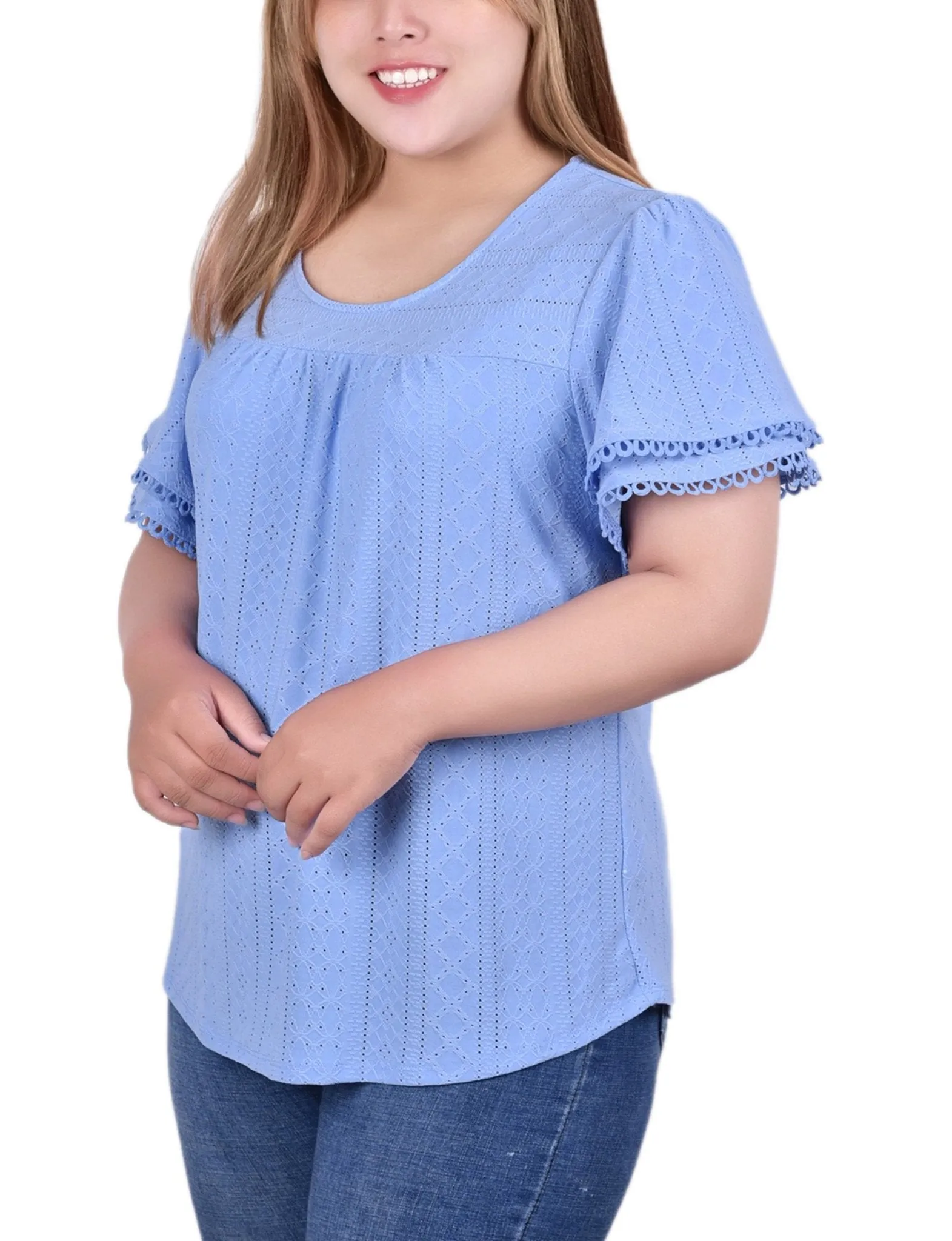 Vista Blue Knit Eyelet Top With Double Sleeve - Plus