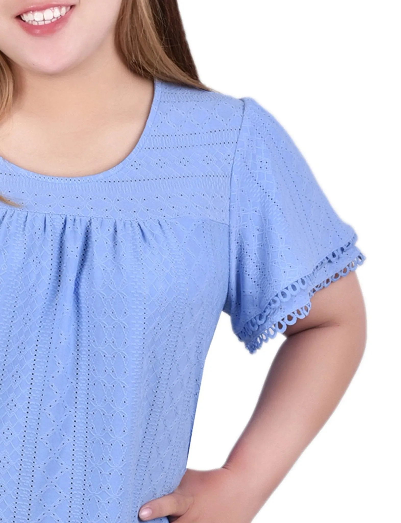 Vista Blue Knit Eyelet Top With Double Sleeve - Plus