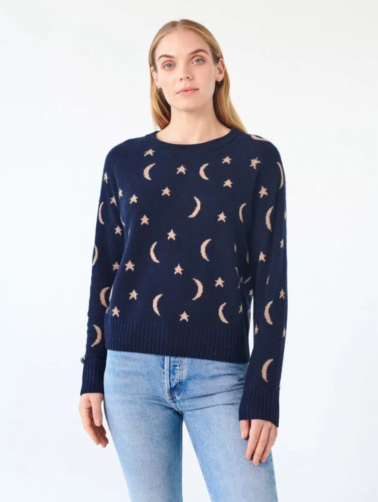 White   Warren - Cashmere New Moon Intarsia Sweatshirt in Deep Navy/Camel