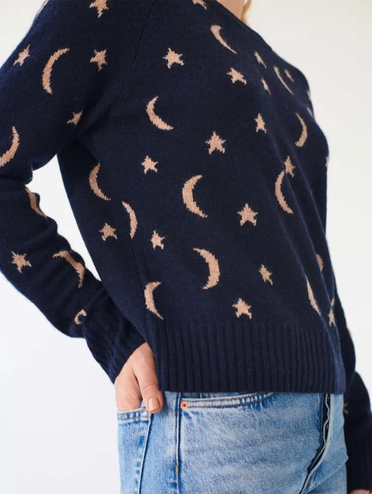 White   Warren - Cashmere New Moon Intarsia Sweatshirt in Deep Navy/Camel