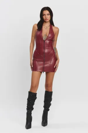 ZAIRE HALTER PLEATHER MINI DRESS - BURGUNDY