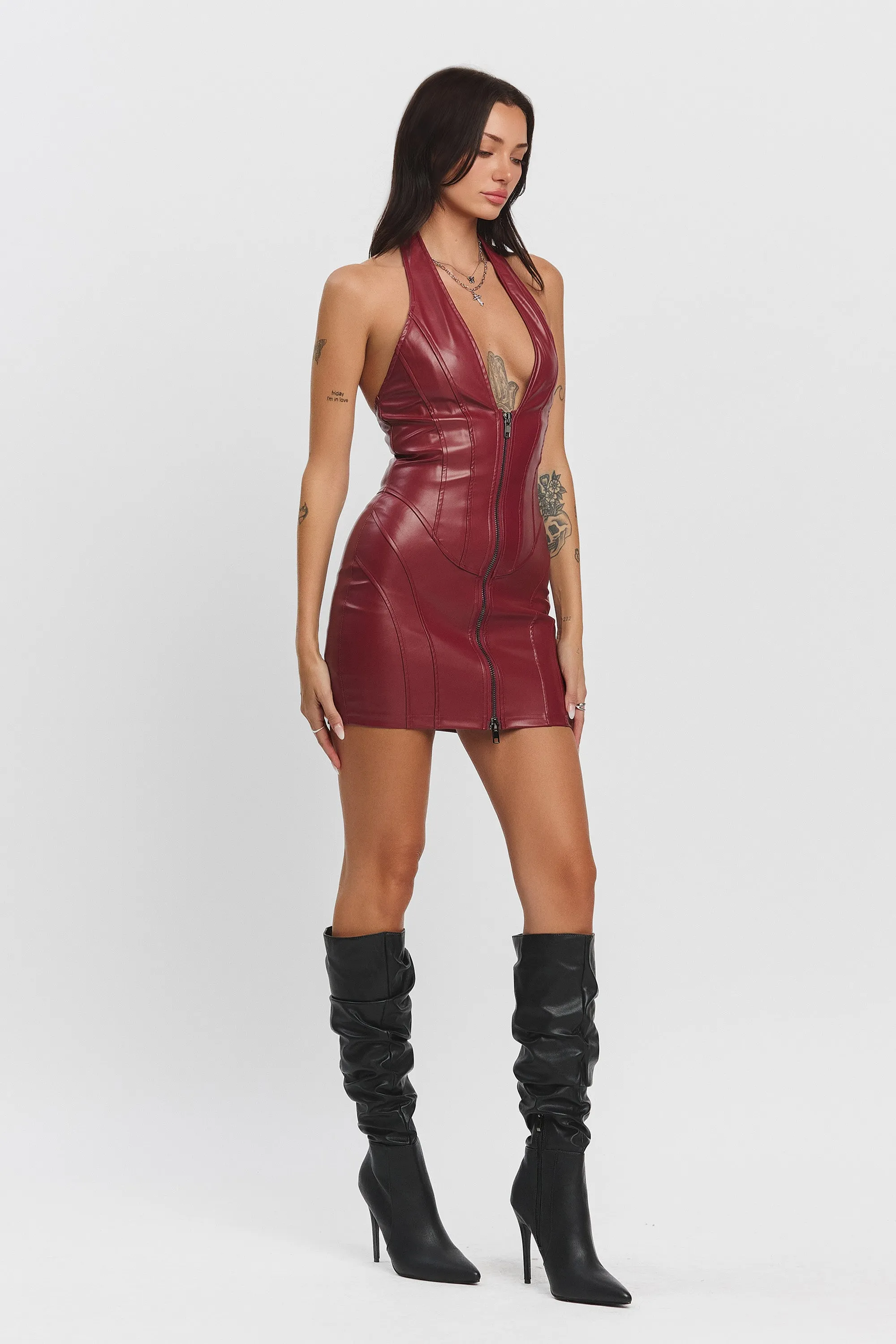 ZAIRE HALTER PLEATHER MINI DRESS - BURGUNDY